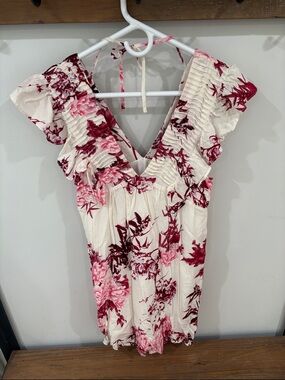 entro Cream Floral Ruffle V-Neck Dress with Pink and Burgundy Print